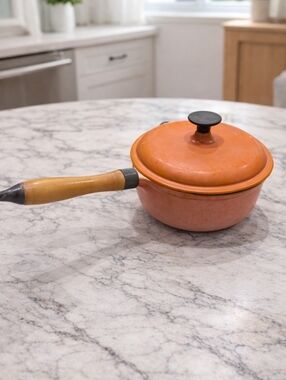 Orange Non-Branded Enamel Saucepan with Lid and Wooden Handle